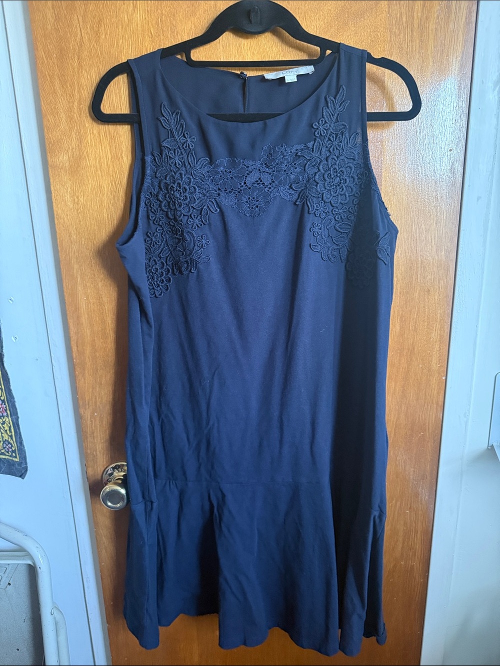 LOFT Navy Sleeveless Midi Dress with Floral Appliqué